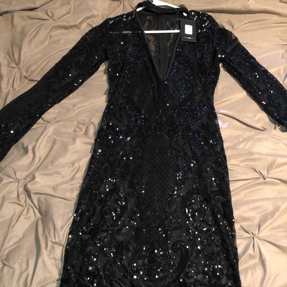 Fashion nova sheer, sequined feathered bday dress